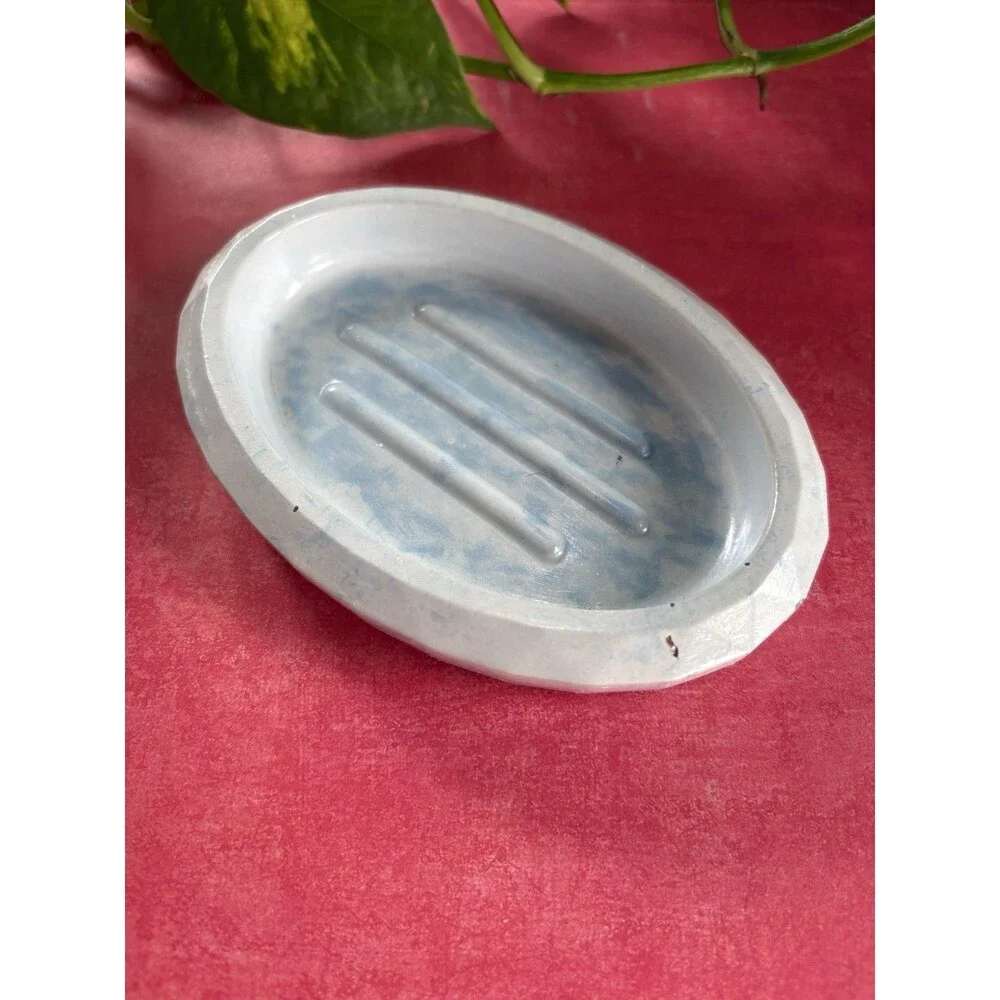Handmade Soap Dish Cement Soap Holder Oval Bathroom Kitchen Marbled Blue